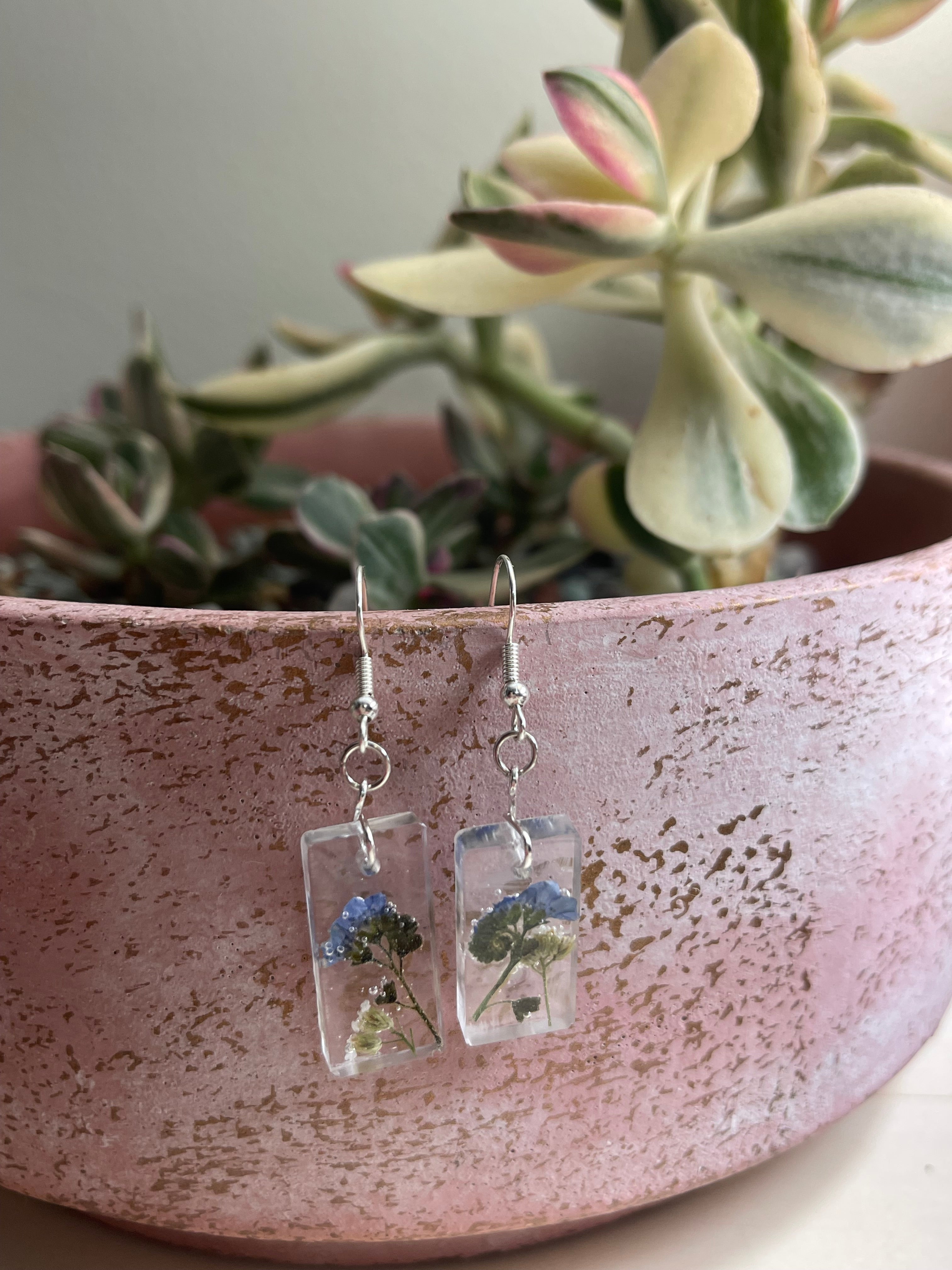 Small rectangular forget me not earrings