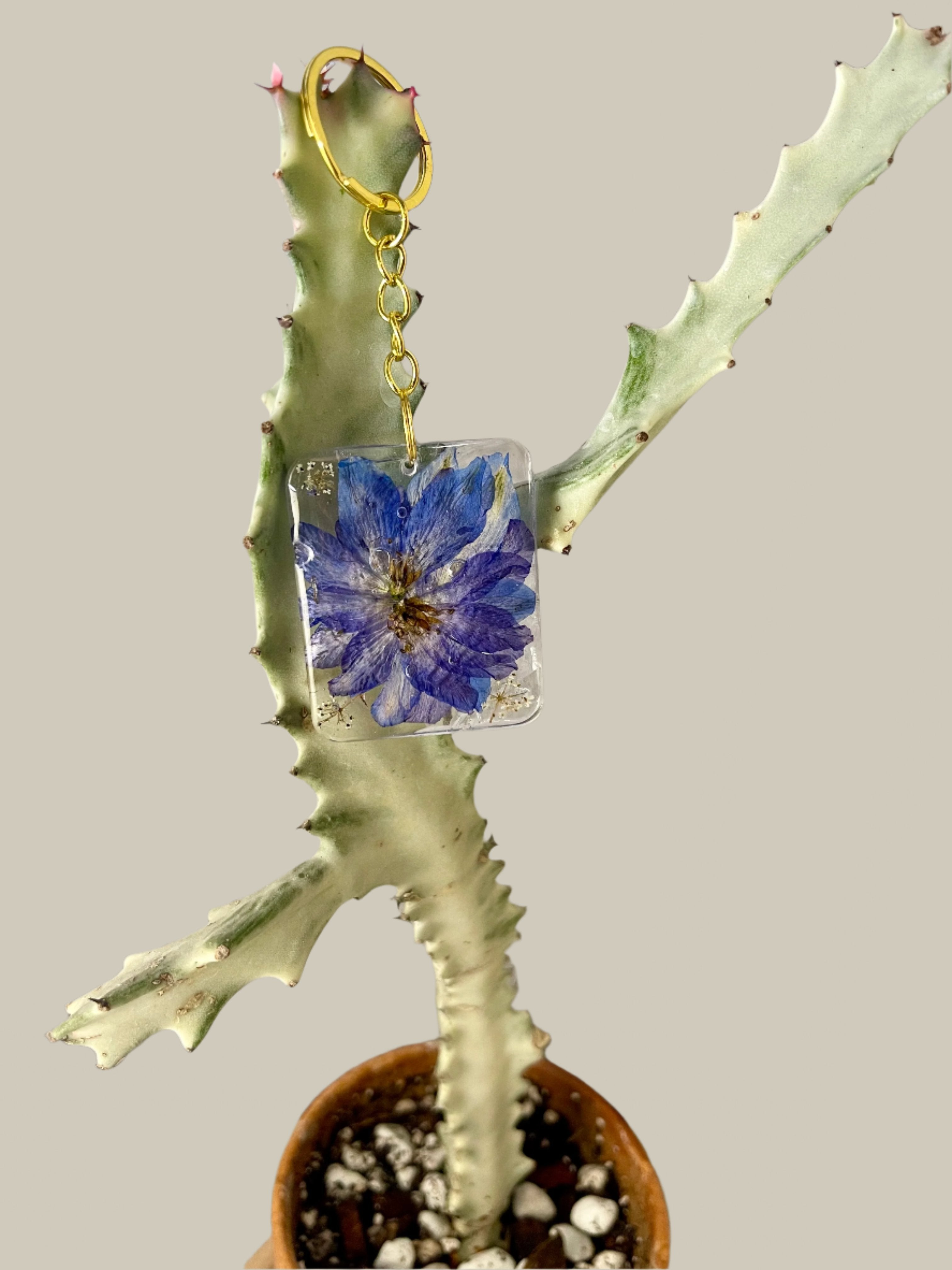 Resin Keychain with Pressed Delphinium