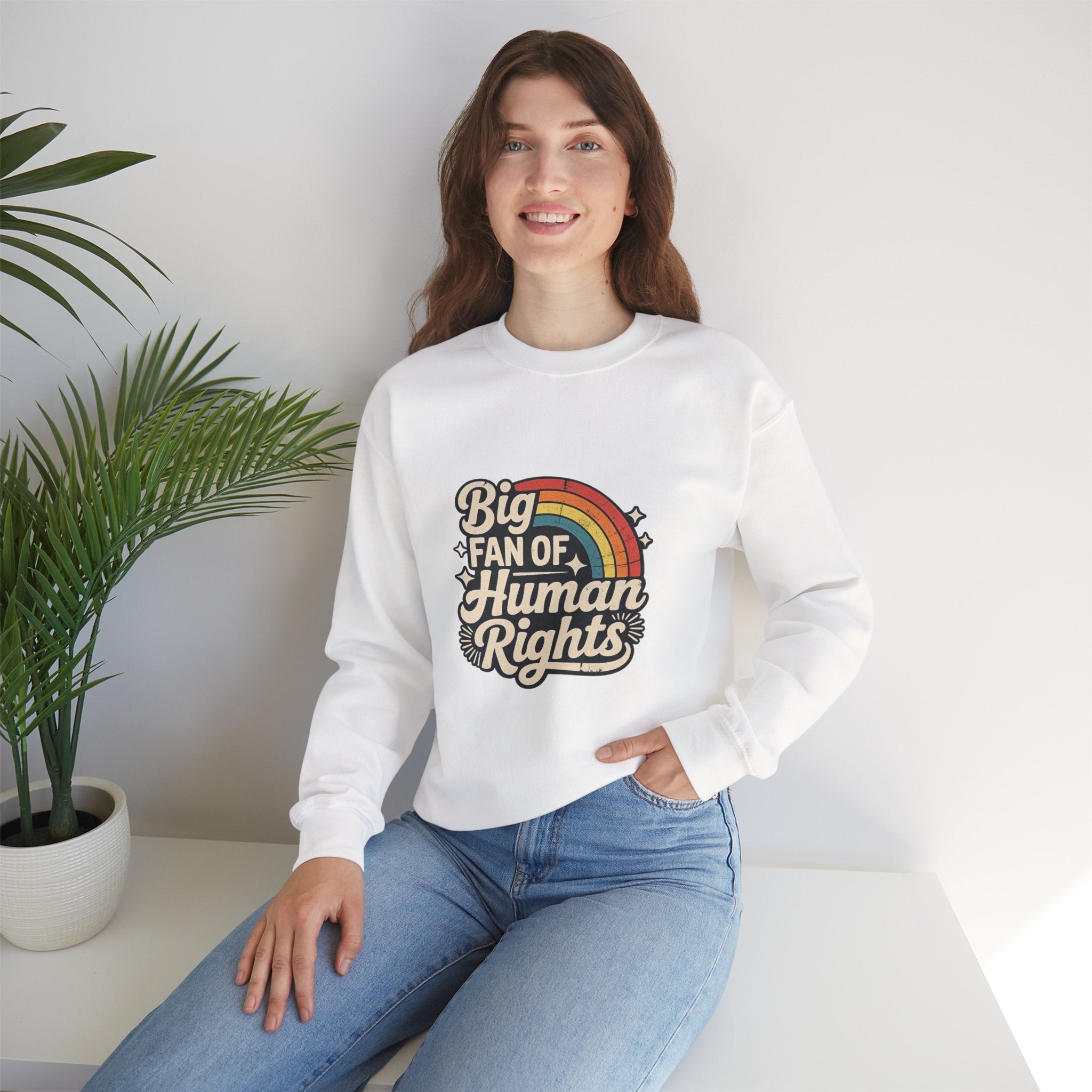 Big Fan of Human Rights” Retro Rainbow Crewneck Sweatshirt