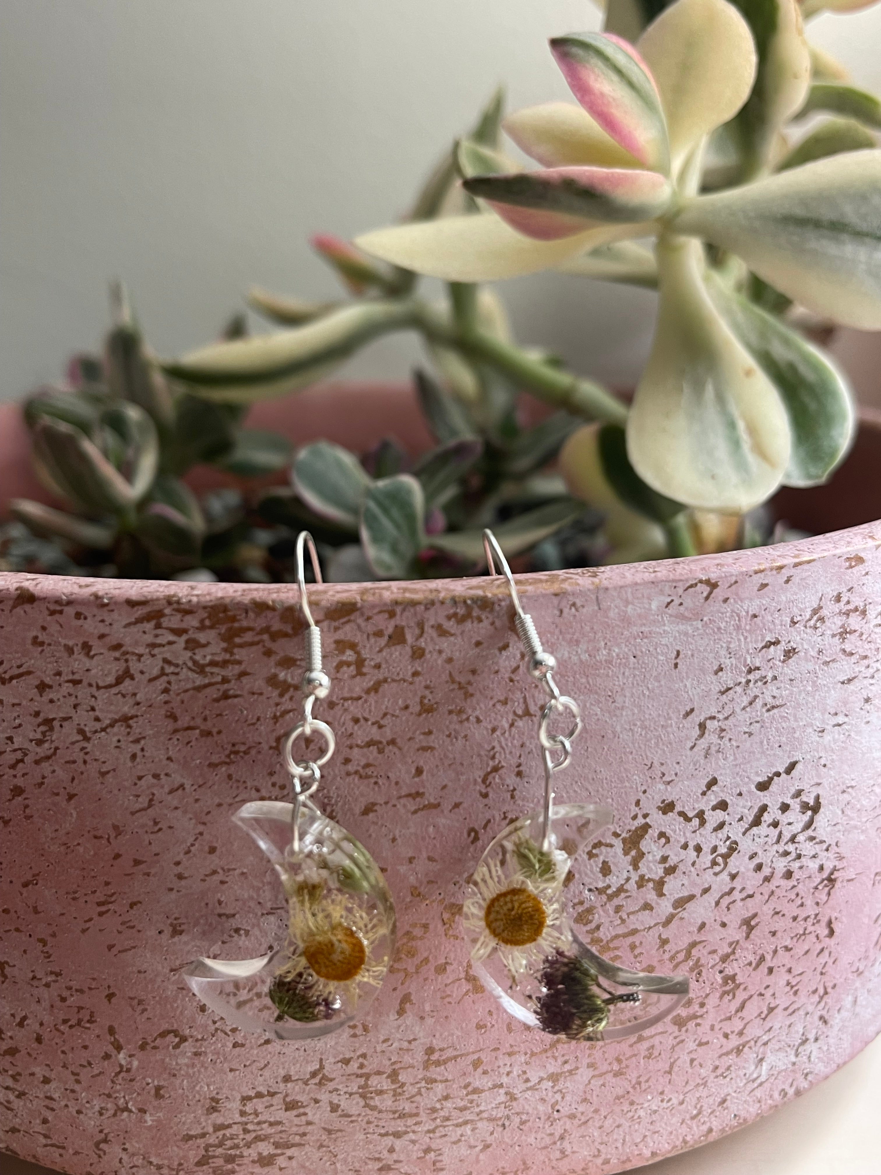Small moon wildflower earrings