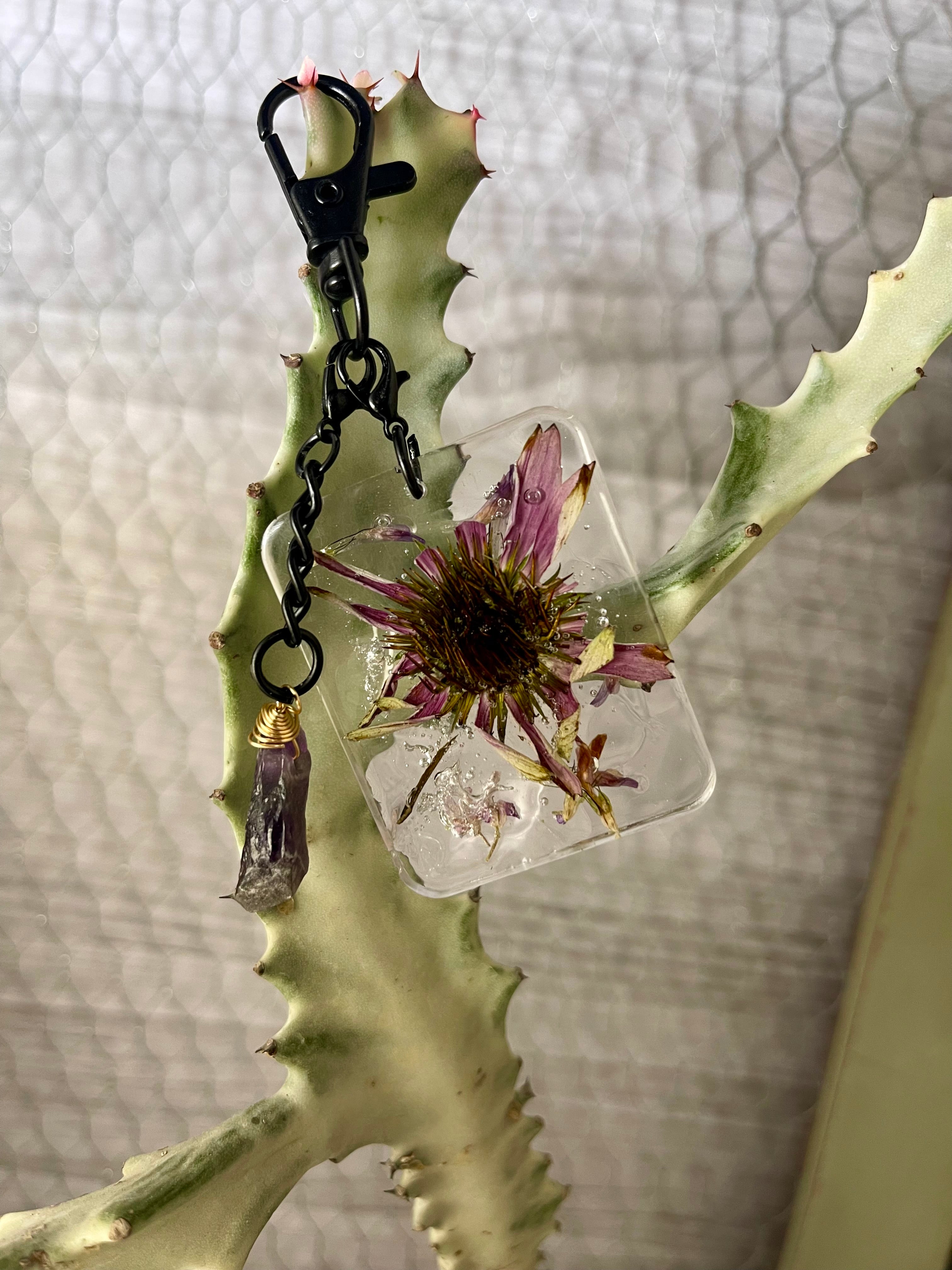 Resin Keychain with pressed Echinacea (Purple Coneflower) and Wildflowers