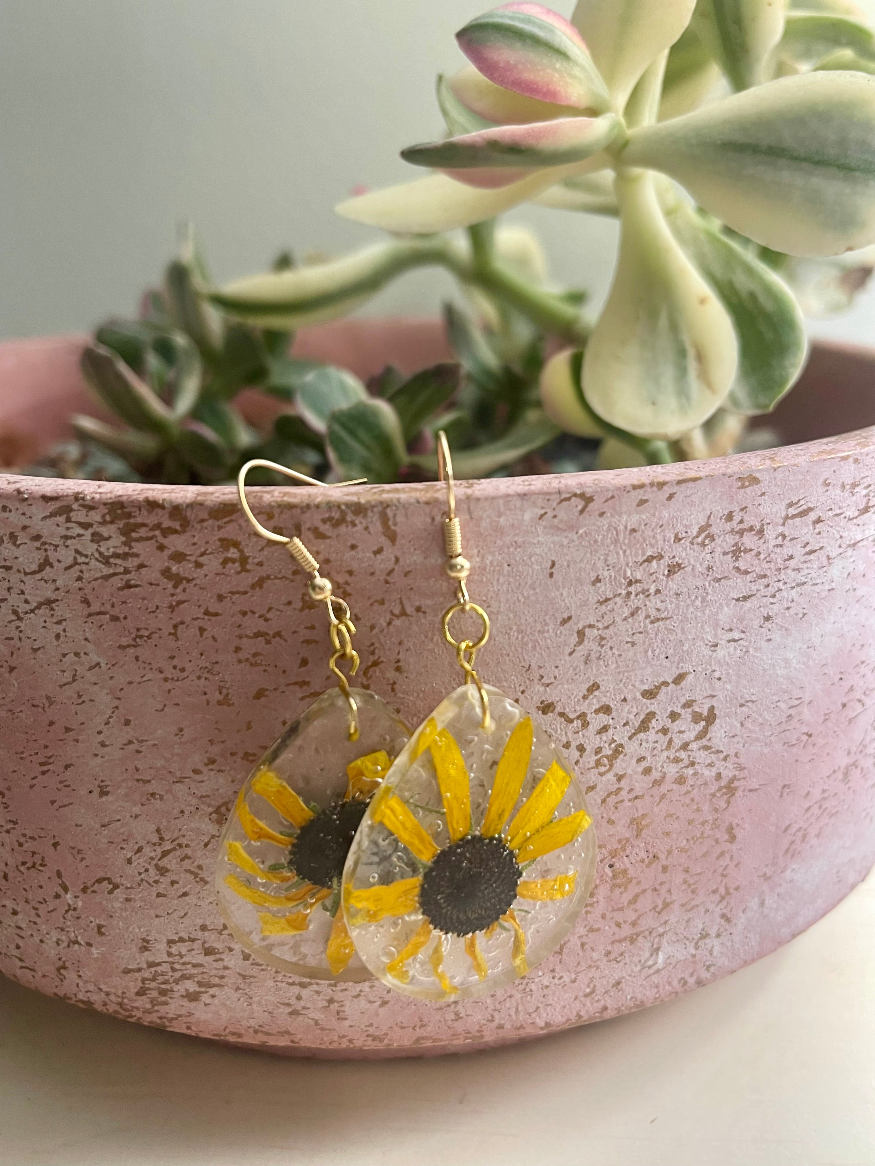 Teardrop Black eyed Susan earrings with minor flaws