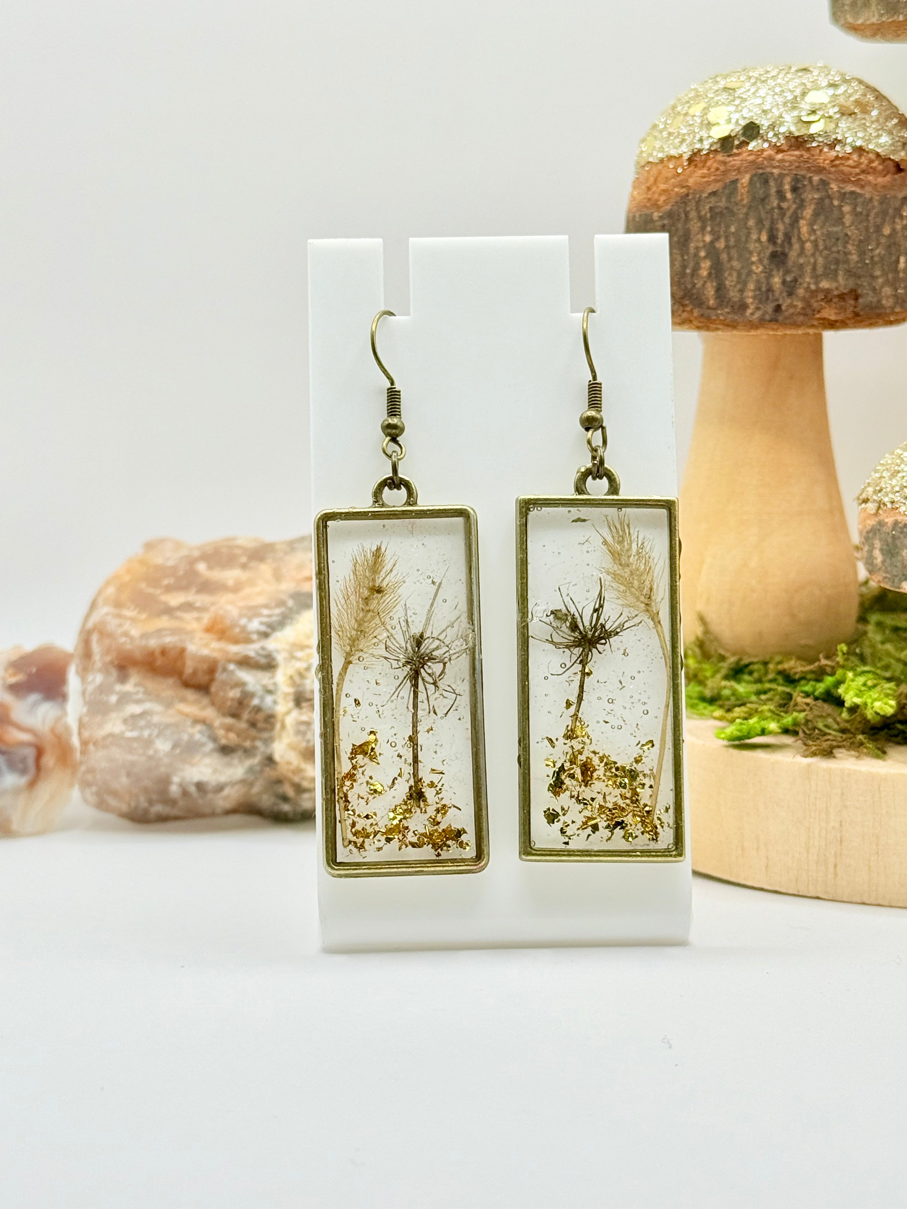Brass Rectangle foliage earrings