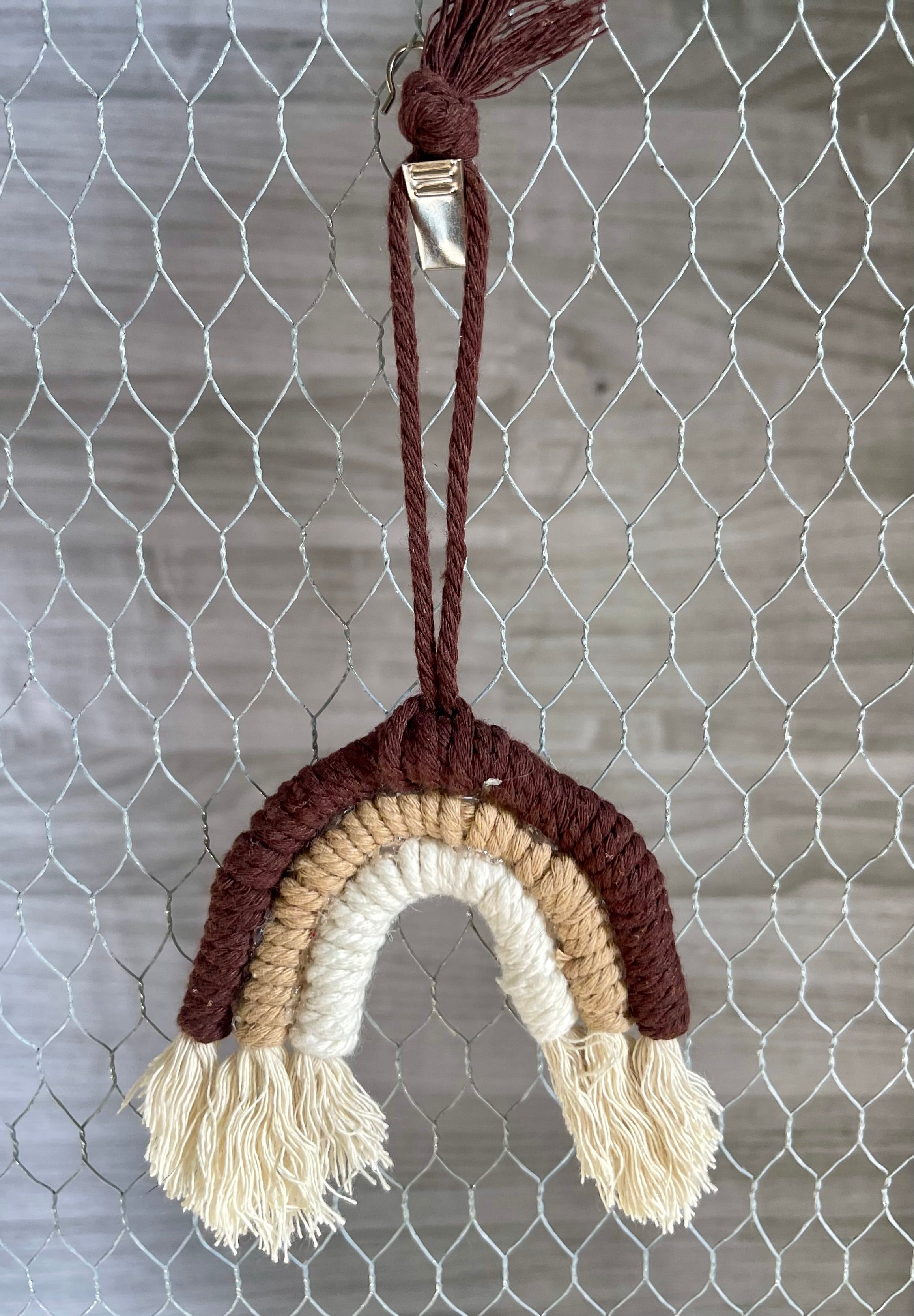 Macrame rainbow rear view mirror decor