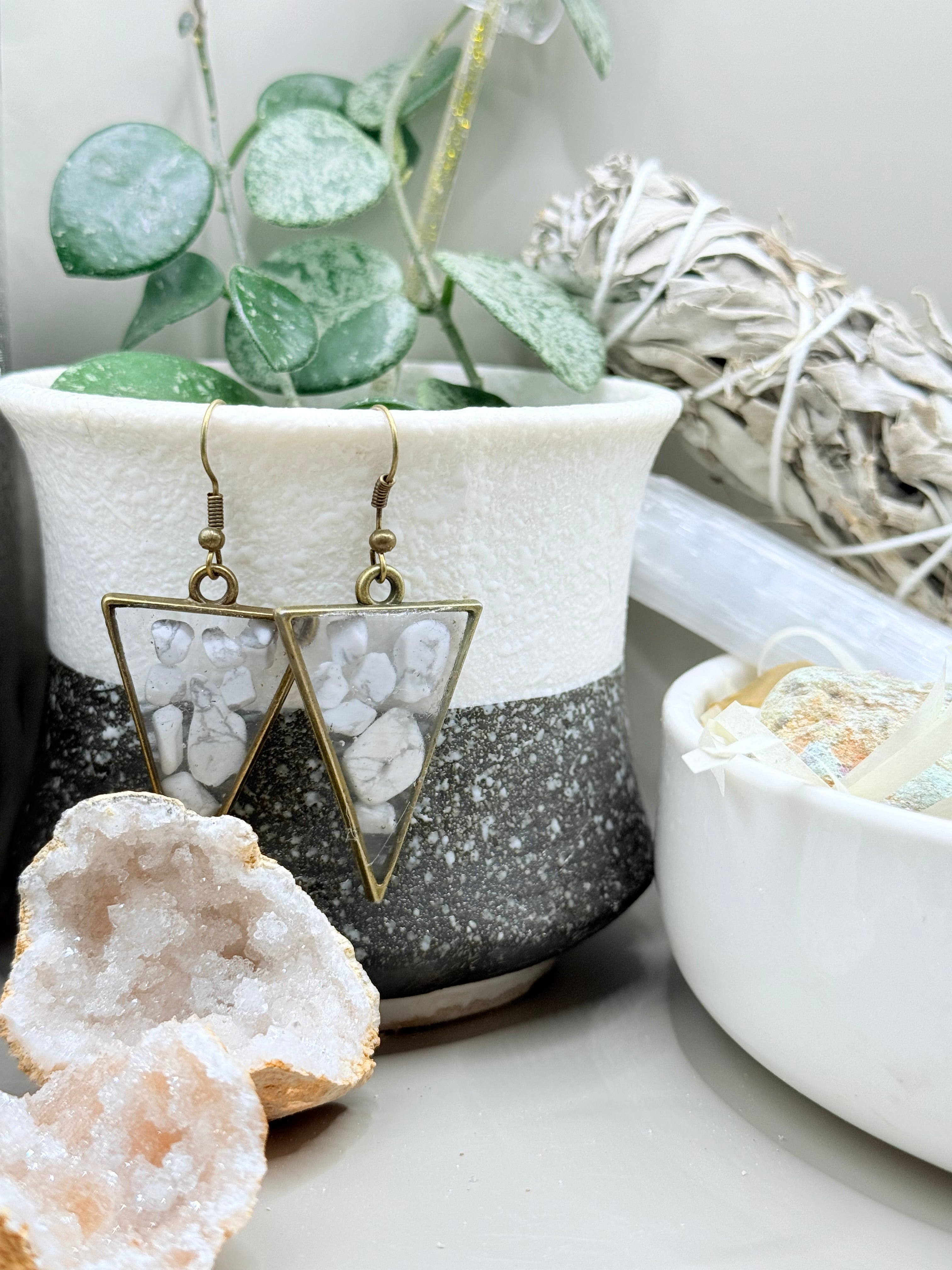 Brass Triangle Howlite crystal Earrings