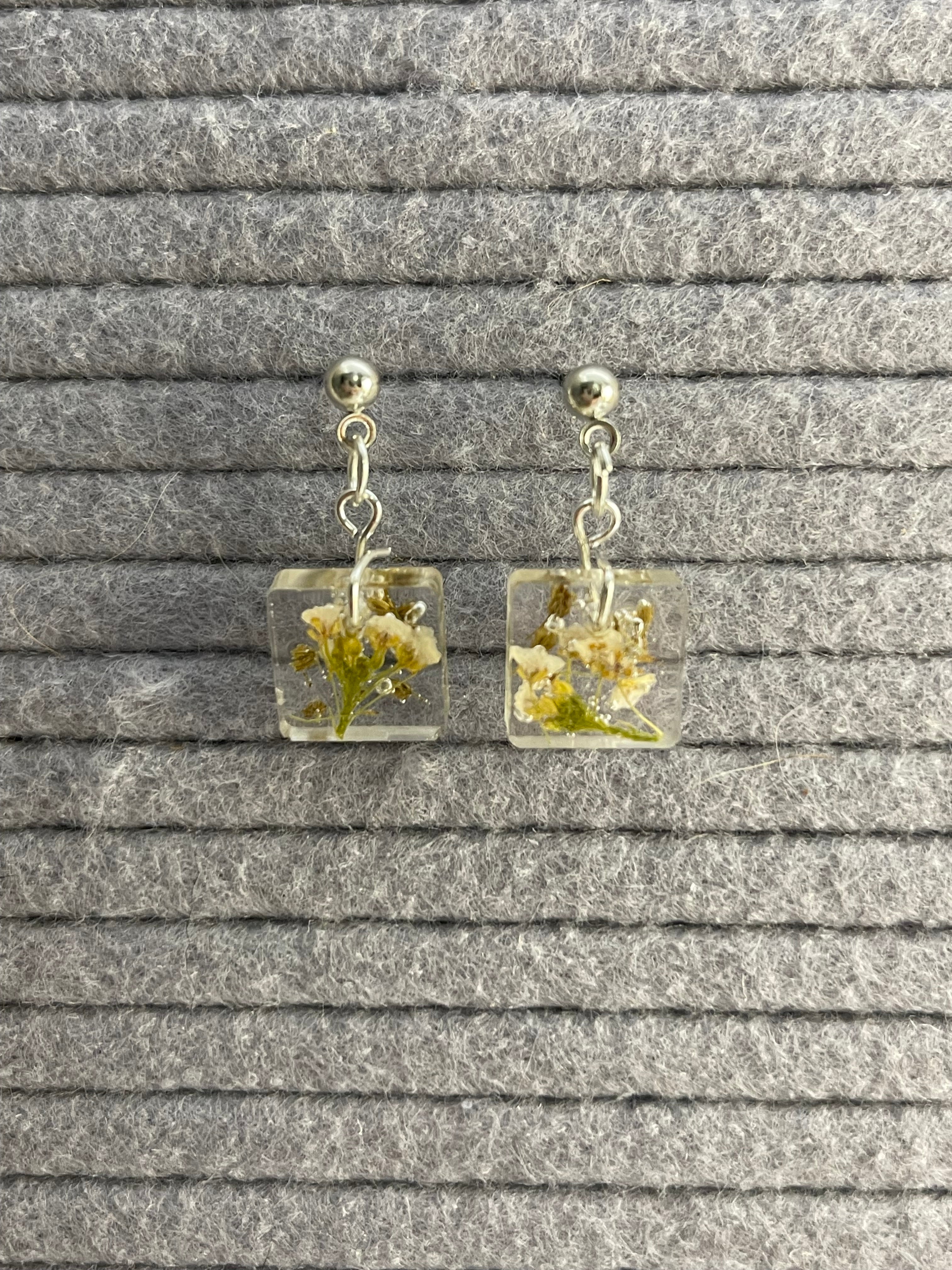 Small silver square wildflower earrings