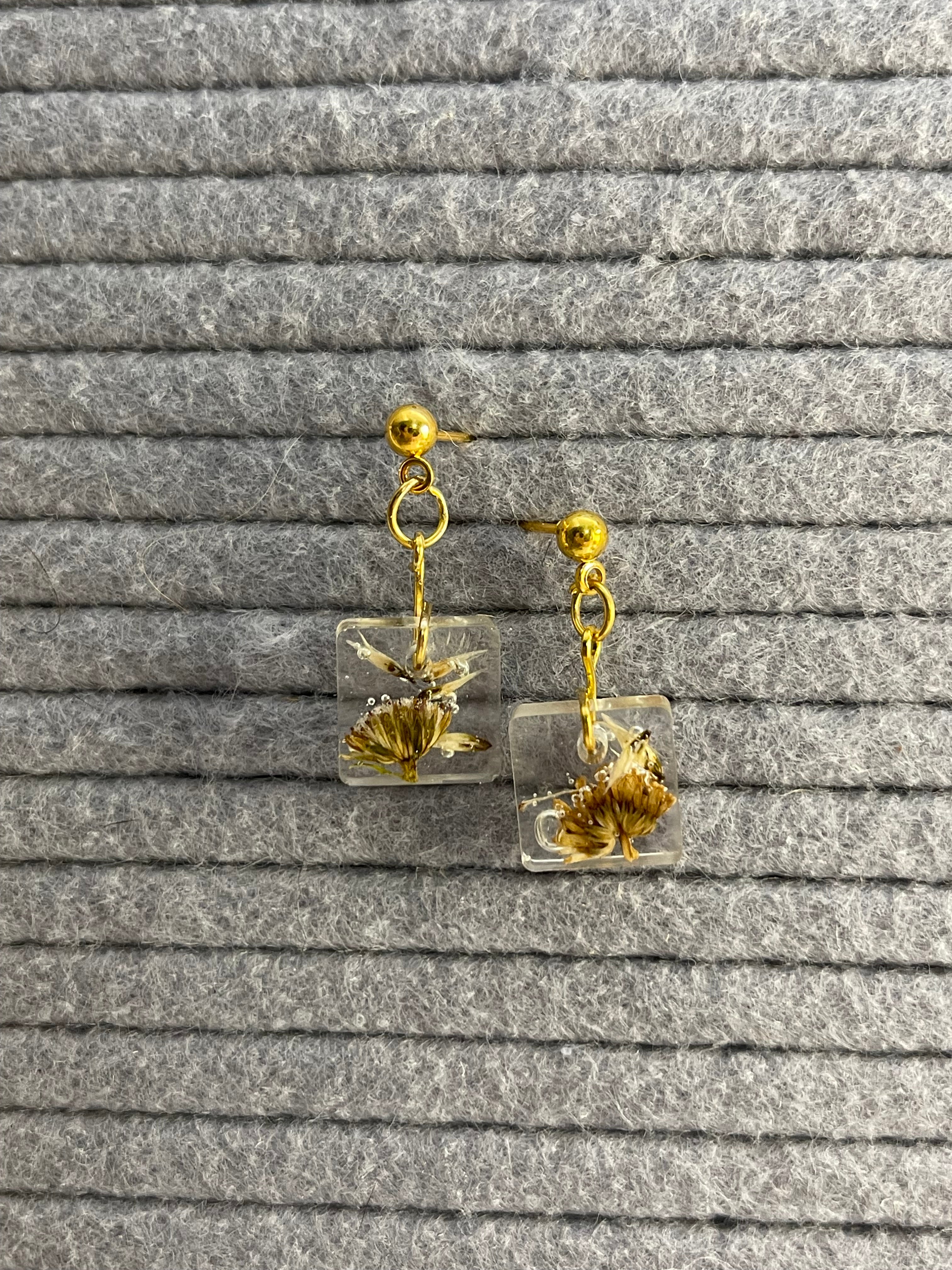 Small golden square wildflower earrings