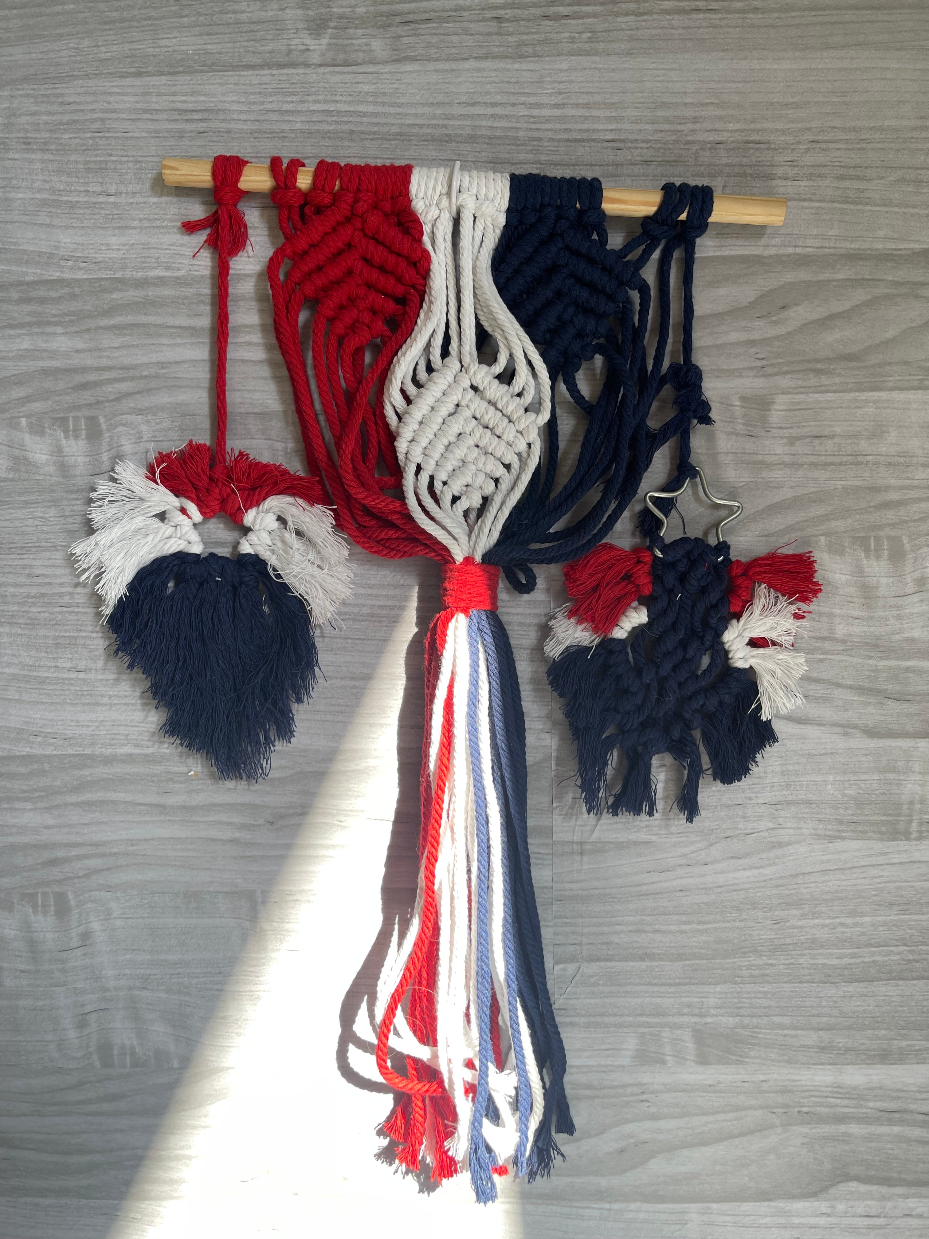 Red white and blue macrame wall decor