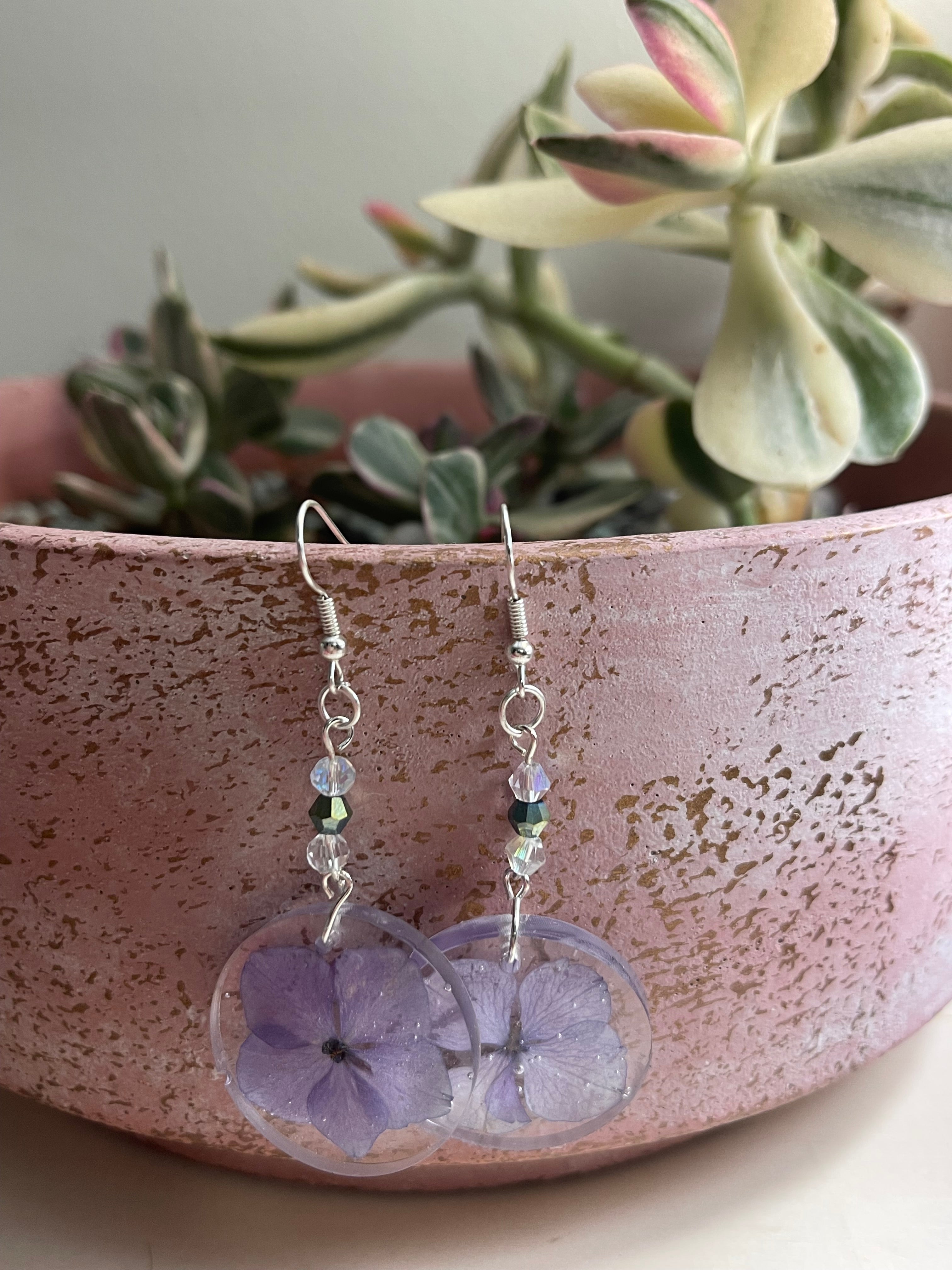 Small silver circle hydrangea earrings