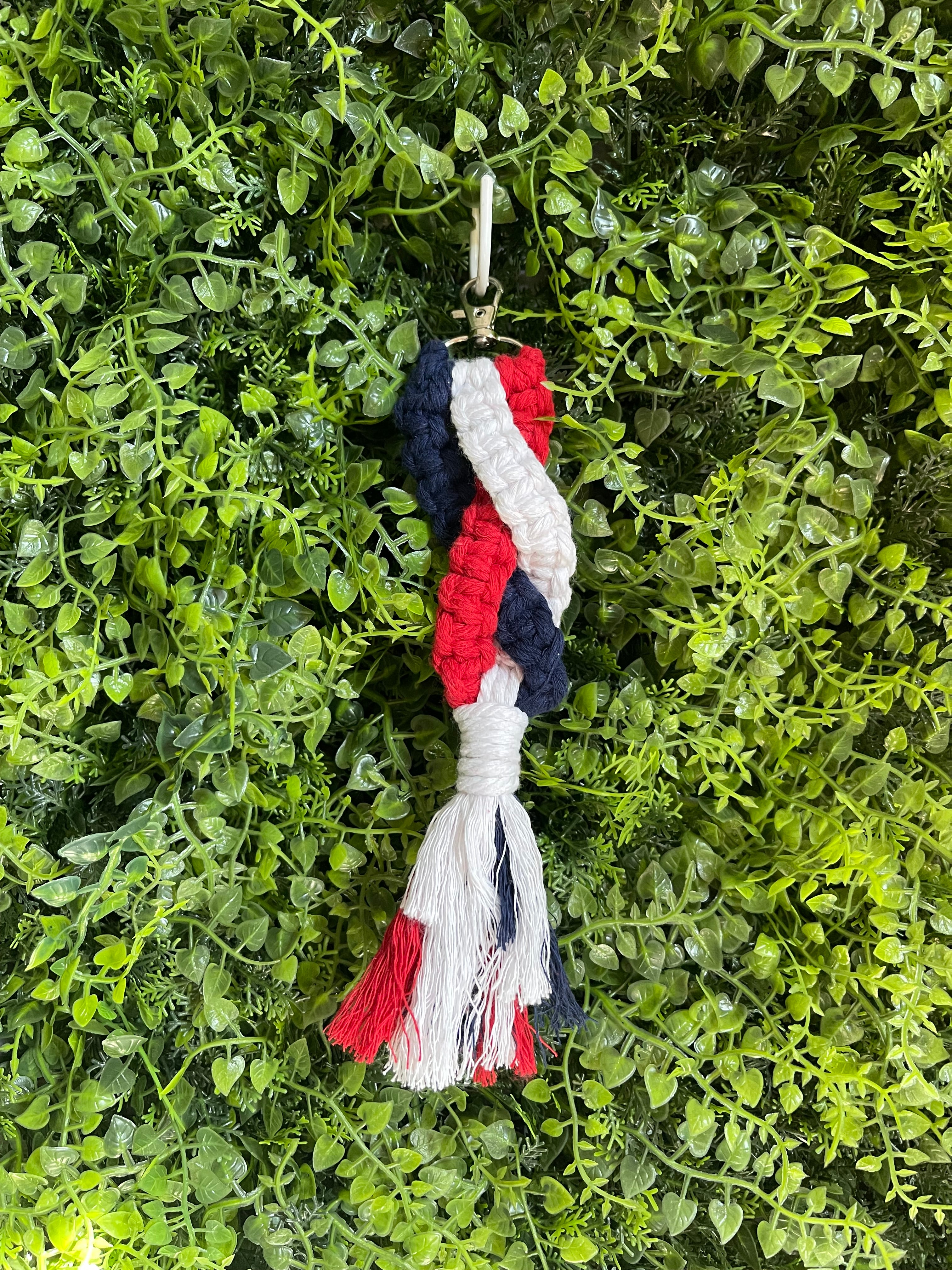 Red white & thank you macrame keychain