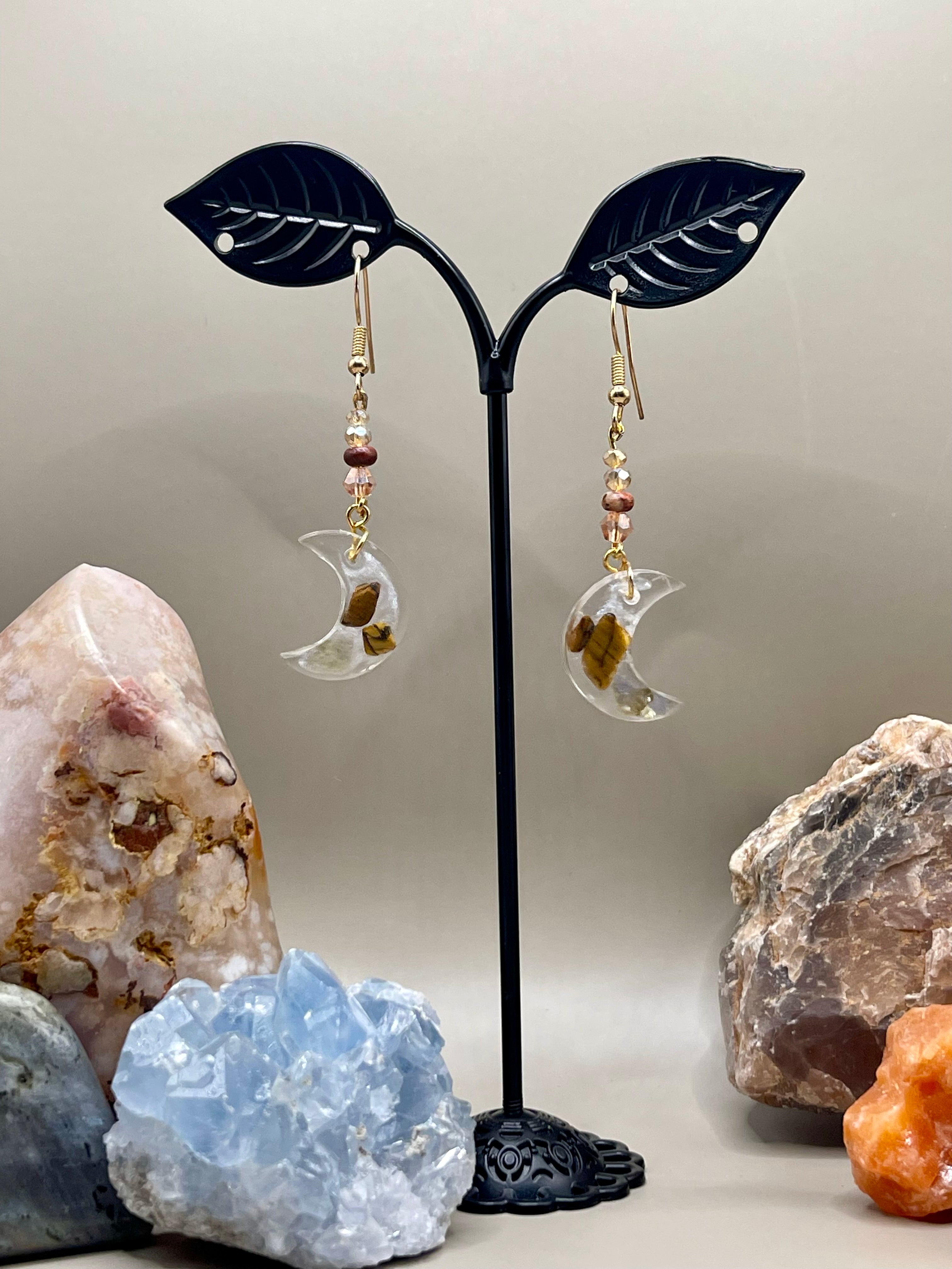 Moon shaped healing crystal earrings with Tigers eye and Smokey Quartz