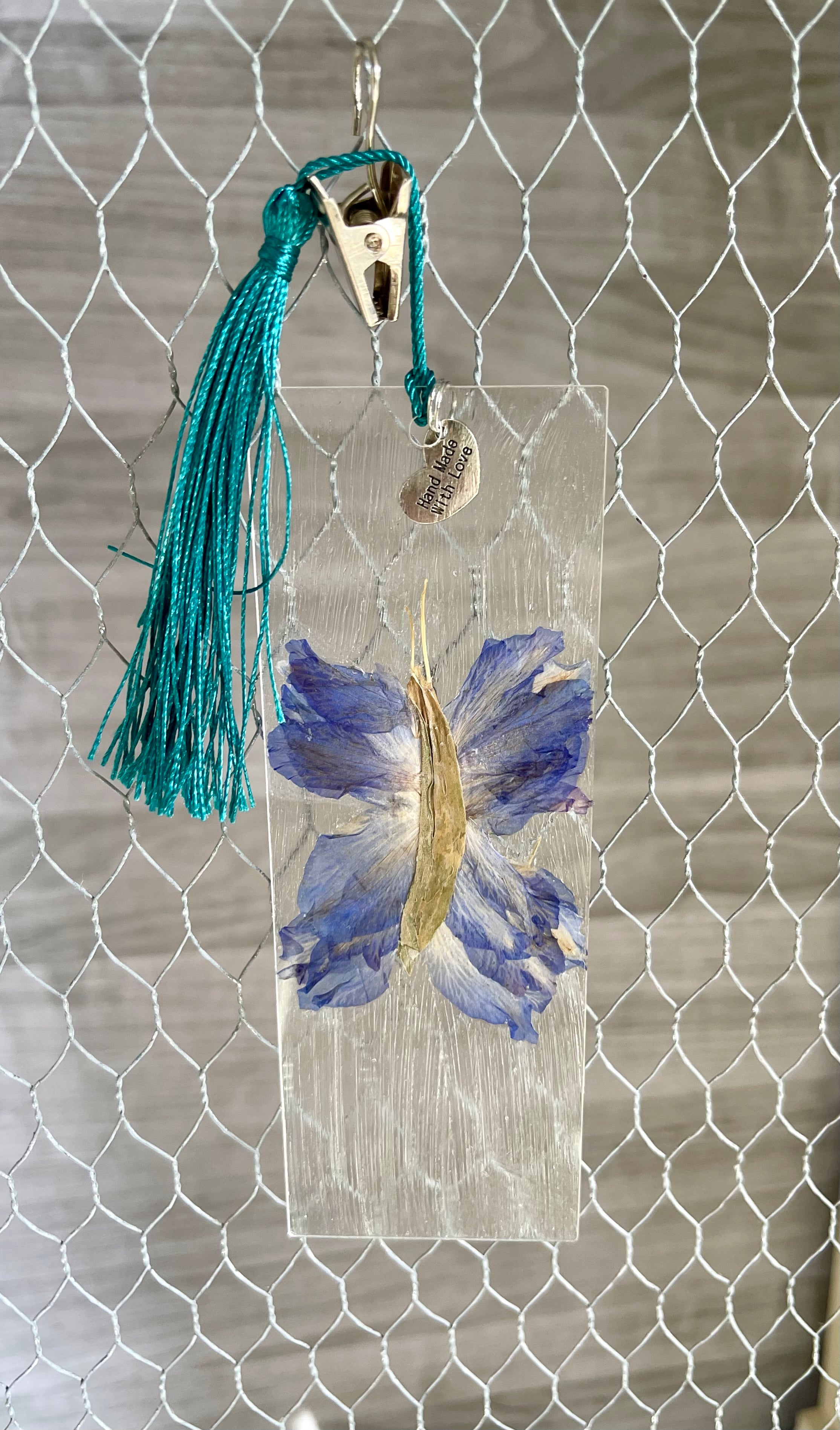 Pressed delphinium flowers- acrylic butterfly bookmark