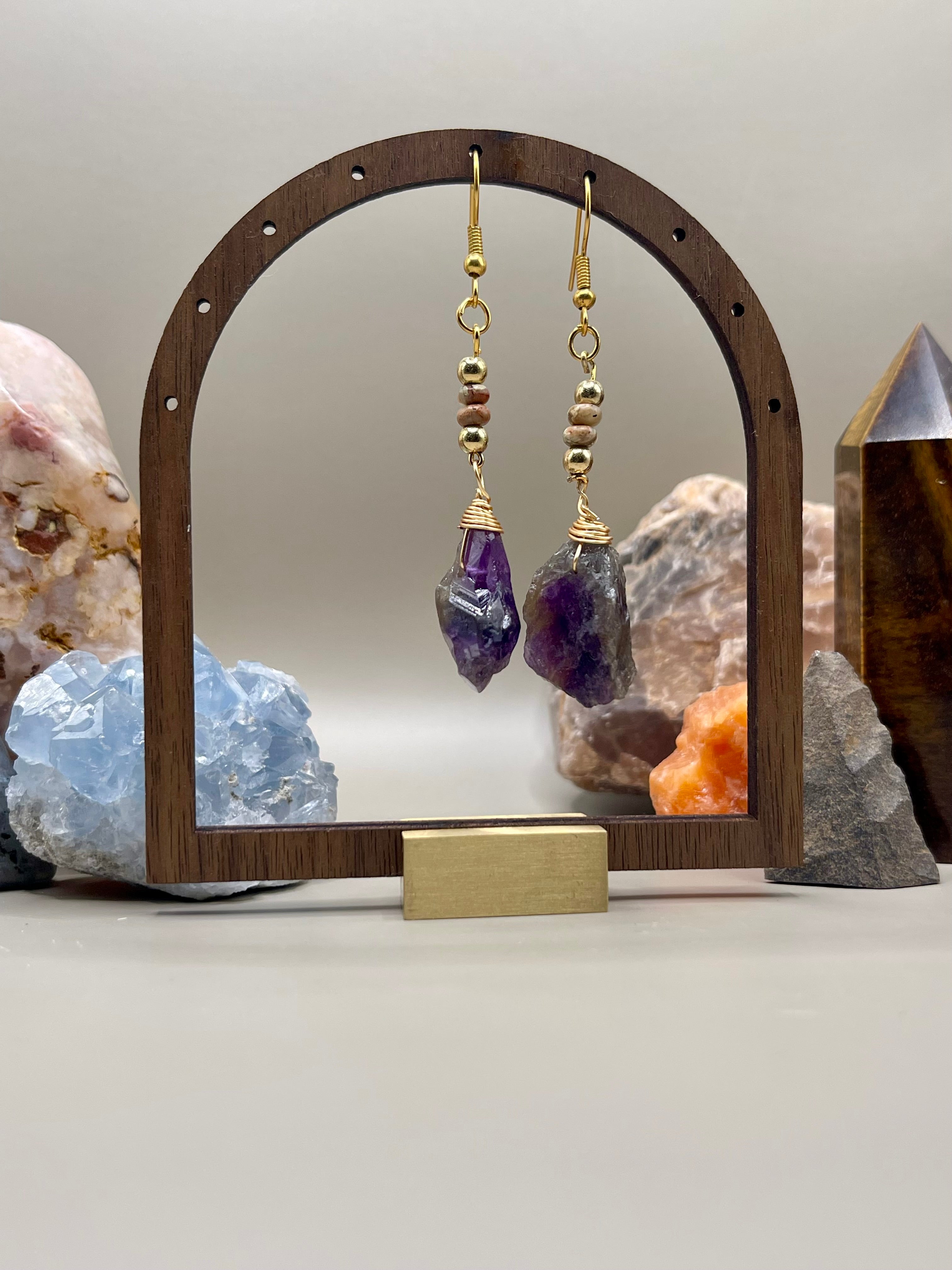 Raw Amethyst healing crystal earrings