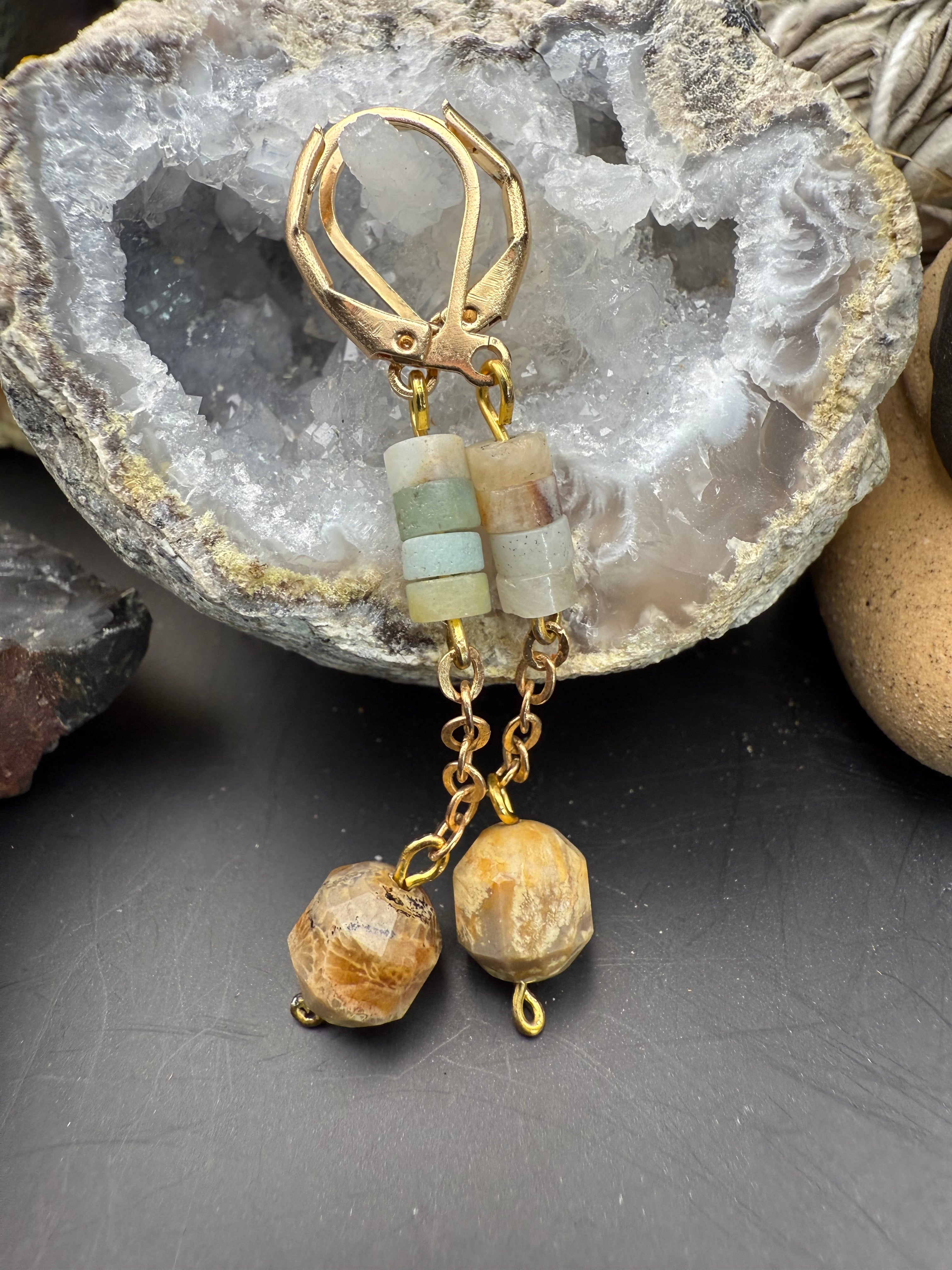Amazonite & Agatized Fossil Dangle Earrings