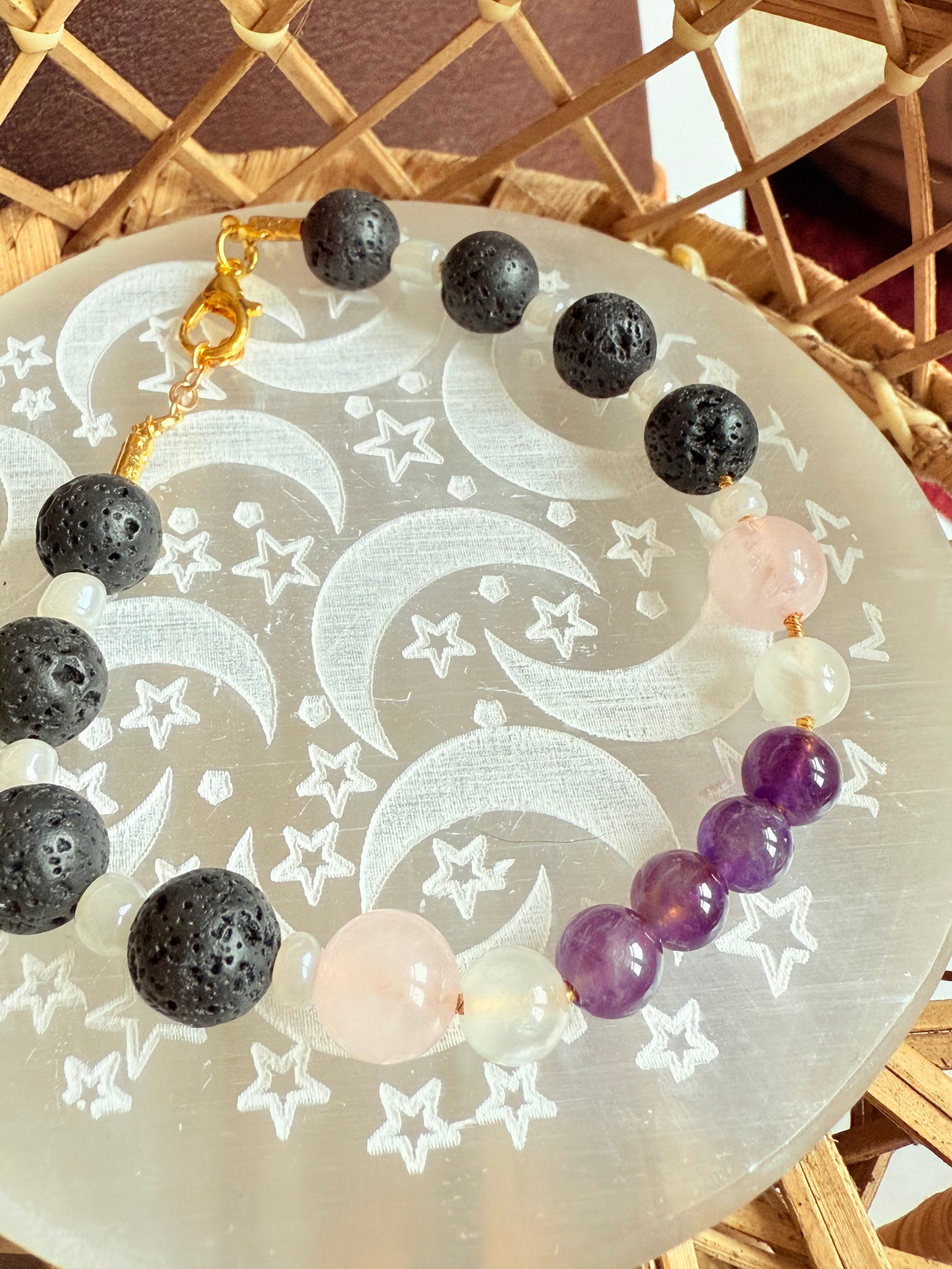 Amethyst + Rose Quartz + Lava stone + Selenite
