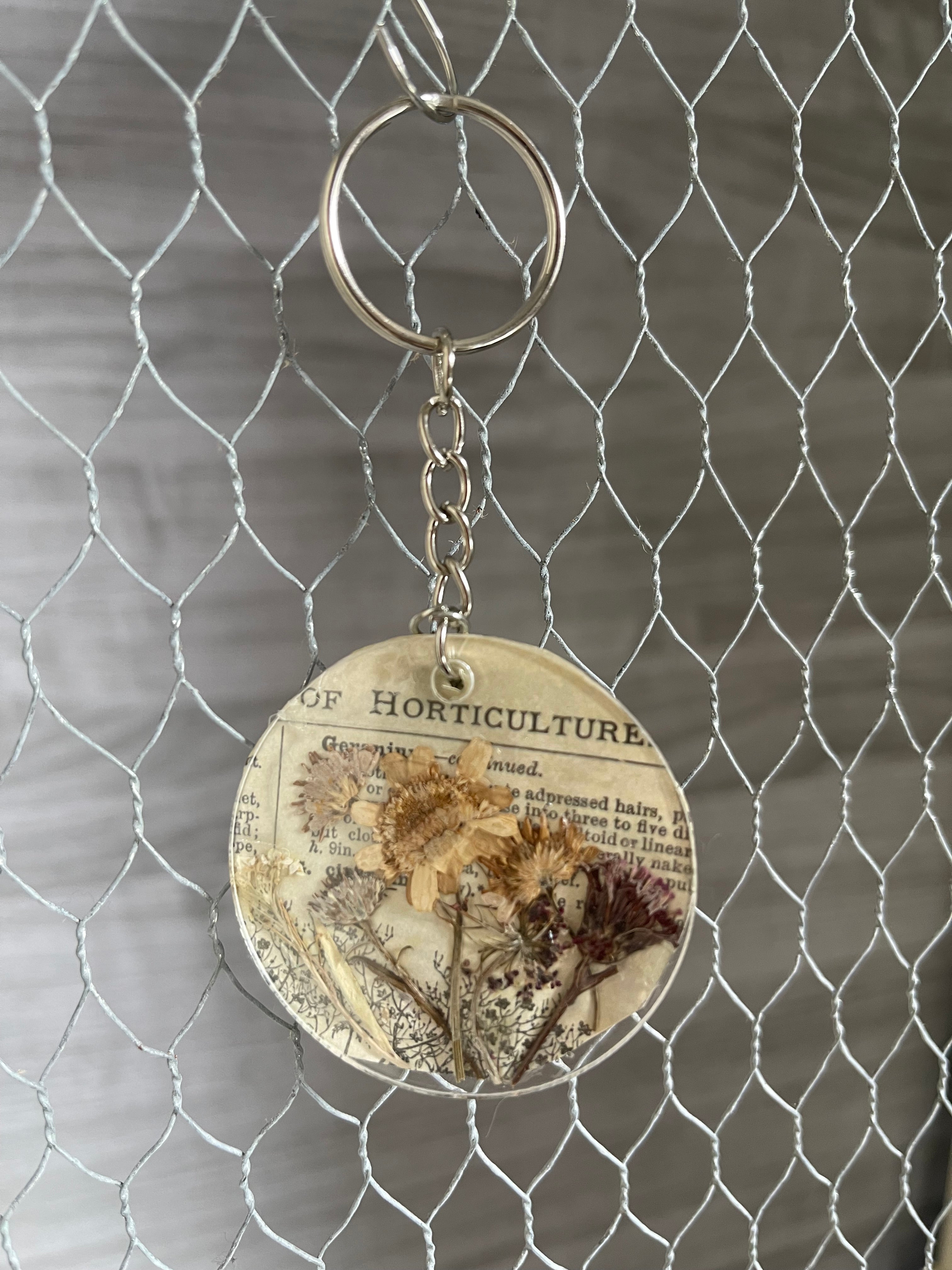 Acrylic pressed flower & antique paper keychain