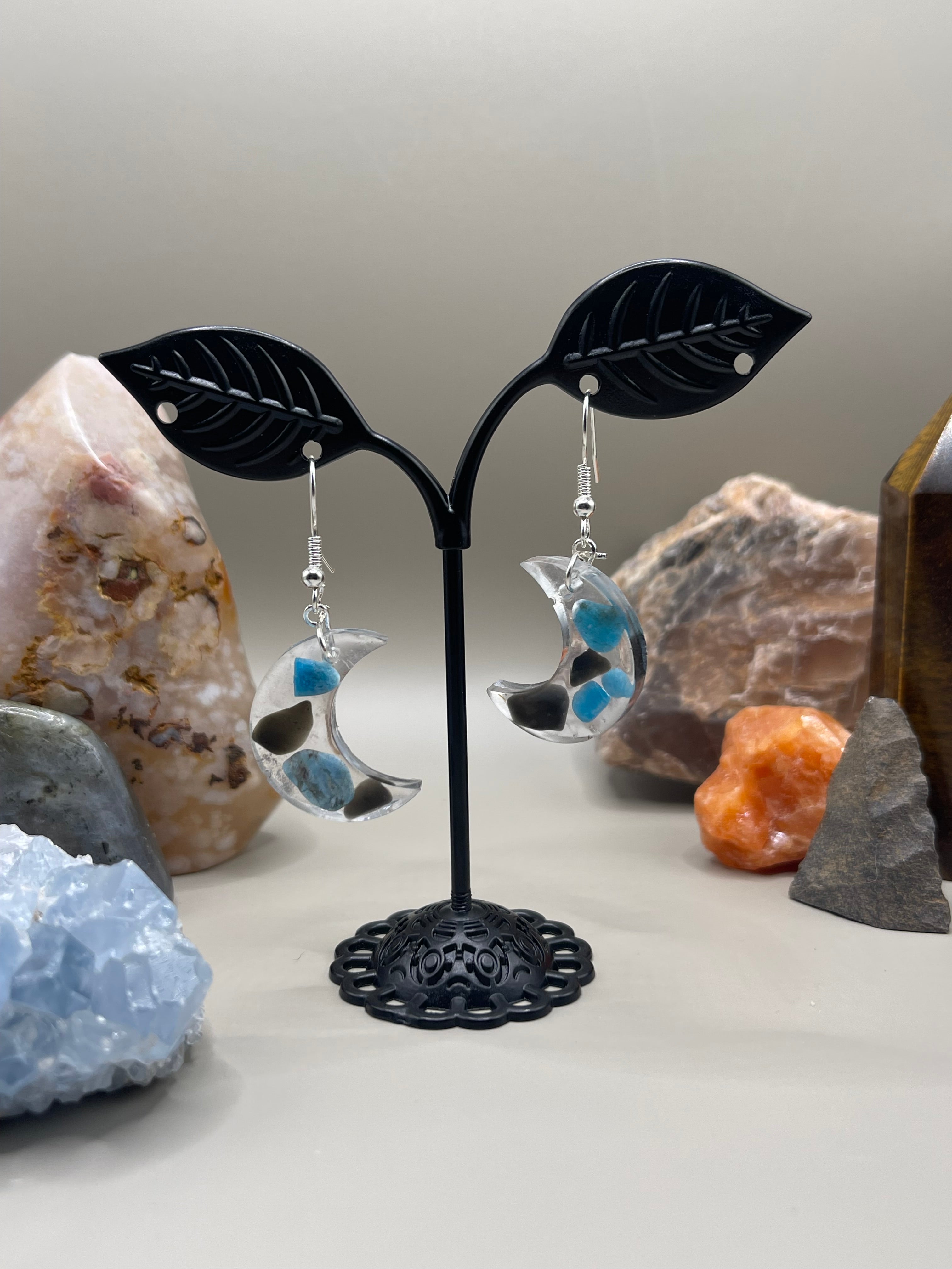 Moon shaped Resin Earrings filled with Lapis Lazuli and Obsidian Healing Crystals