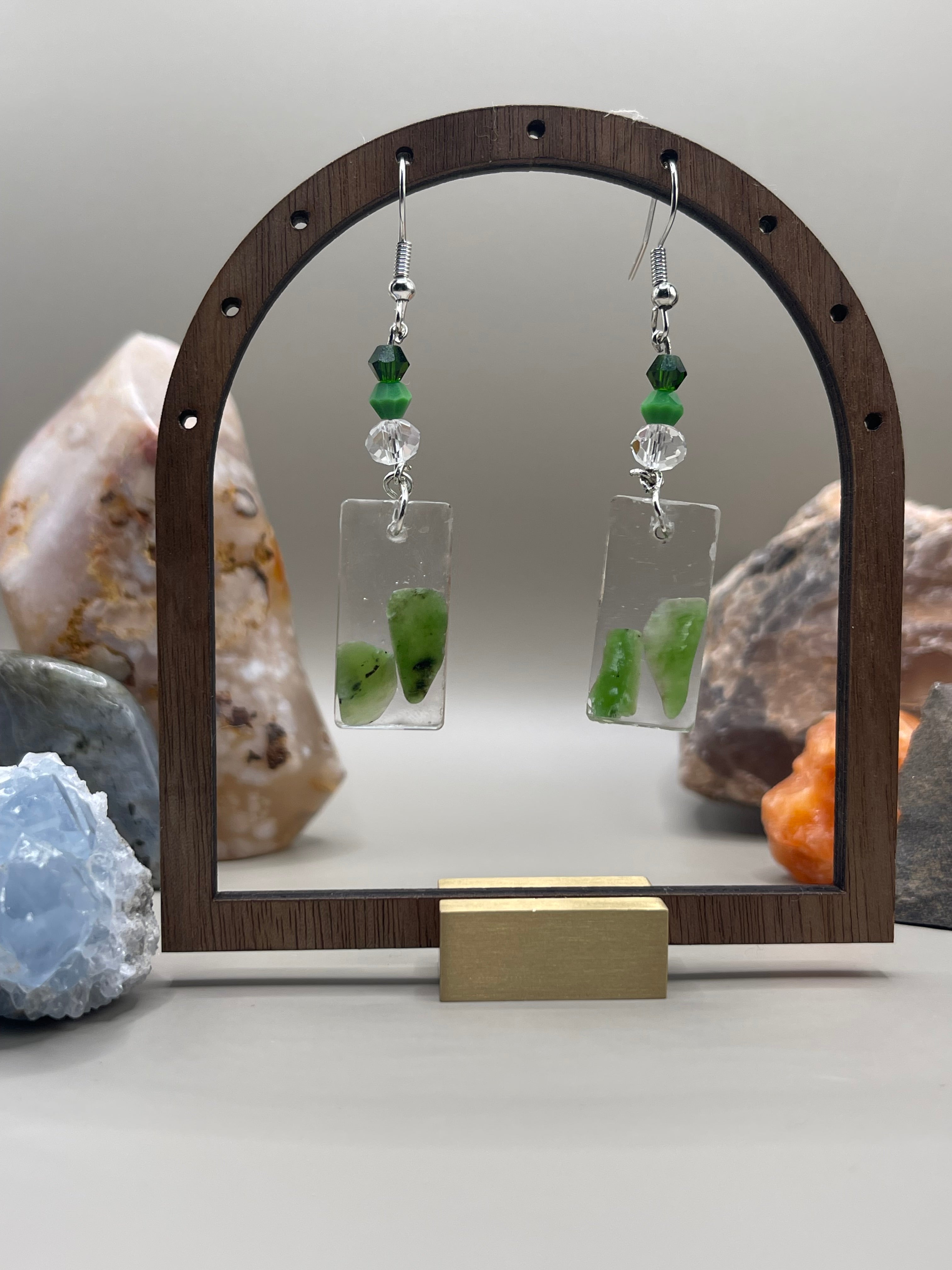 Beaded Rectangle Jade Earrings