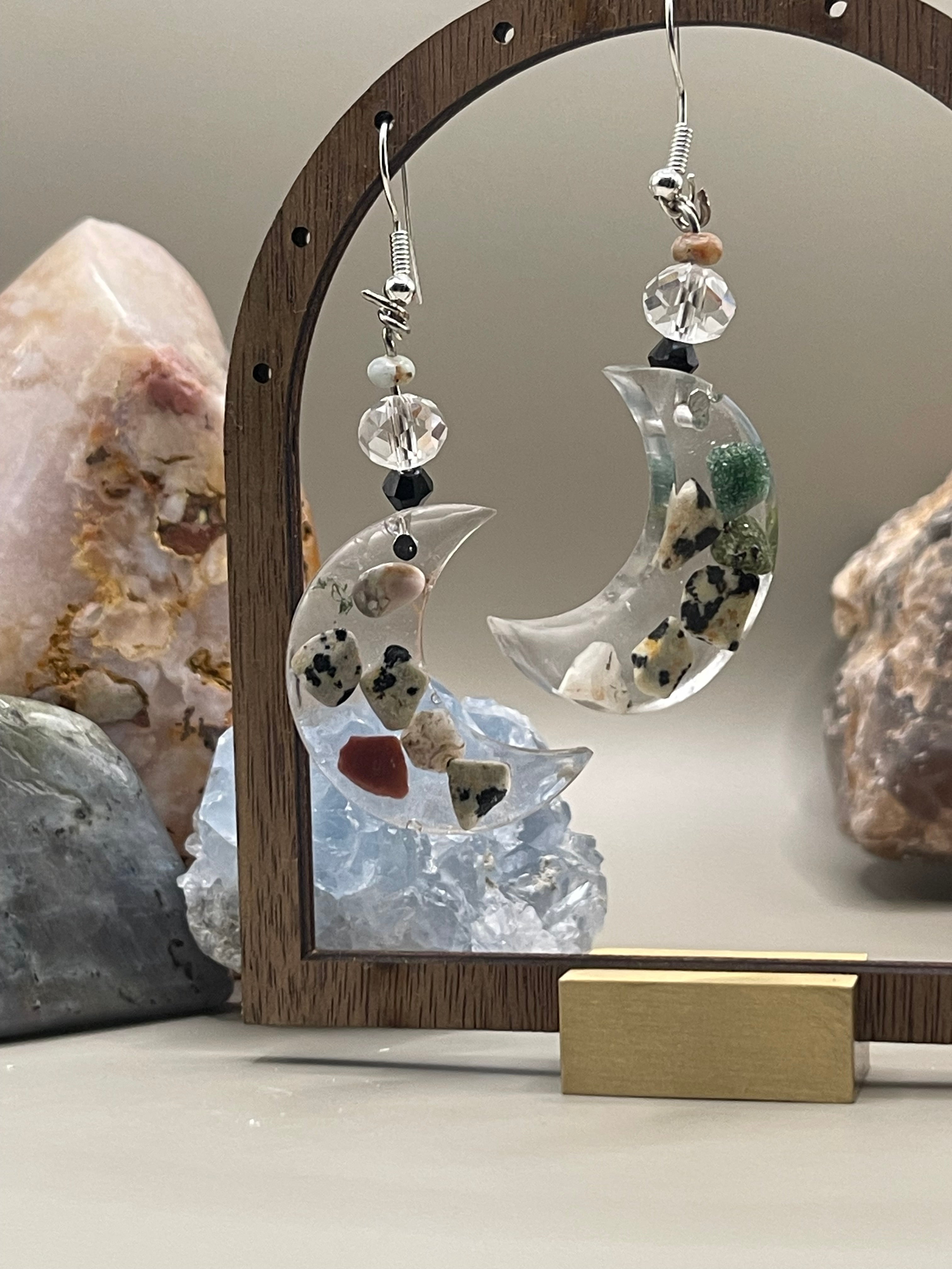 Large Moon shaped Earrings filled with various healing crystals